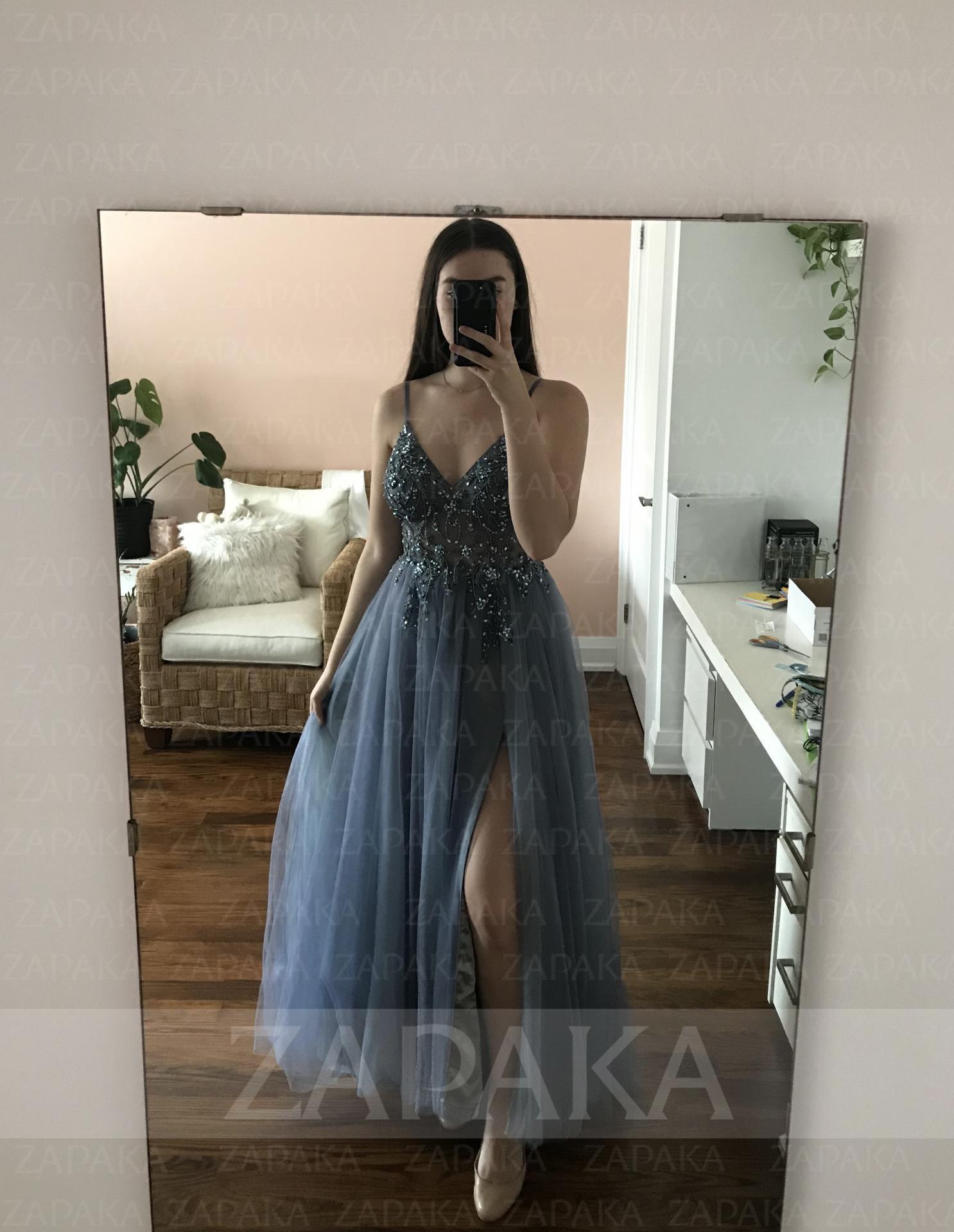 Zapaka Women Grey Blue Prom Dress Aline Vneck Grey Blue Slit Tulle
